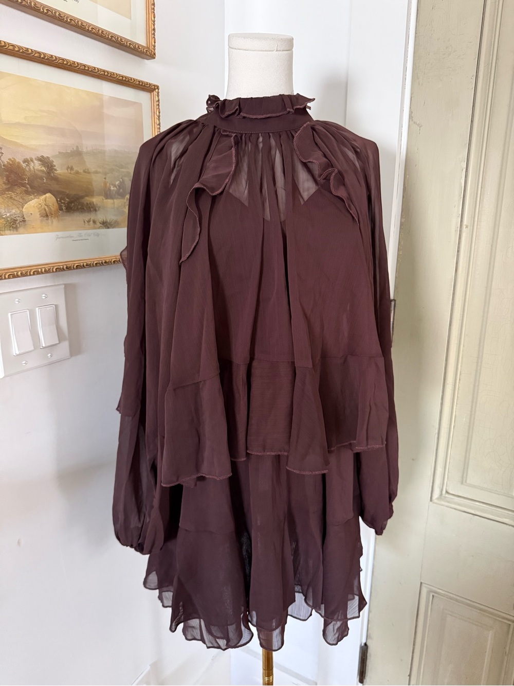NWT Commense Chocolate Brown Ruffled Cape Mini Dress - Picture 6 of 13